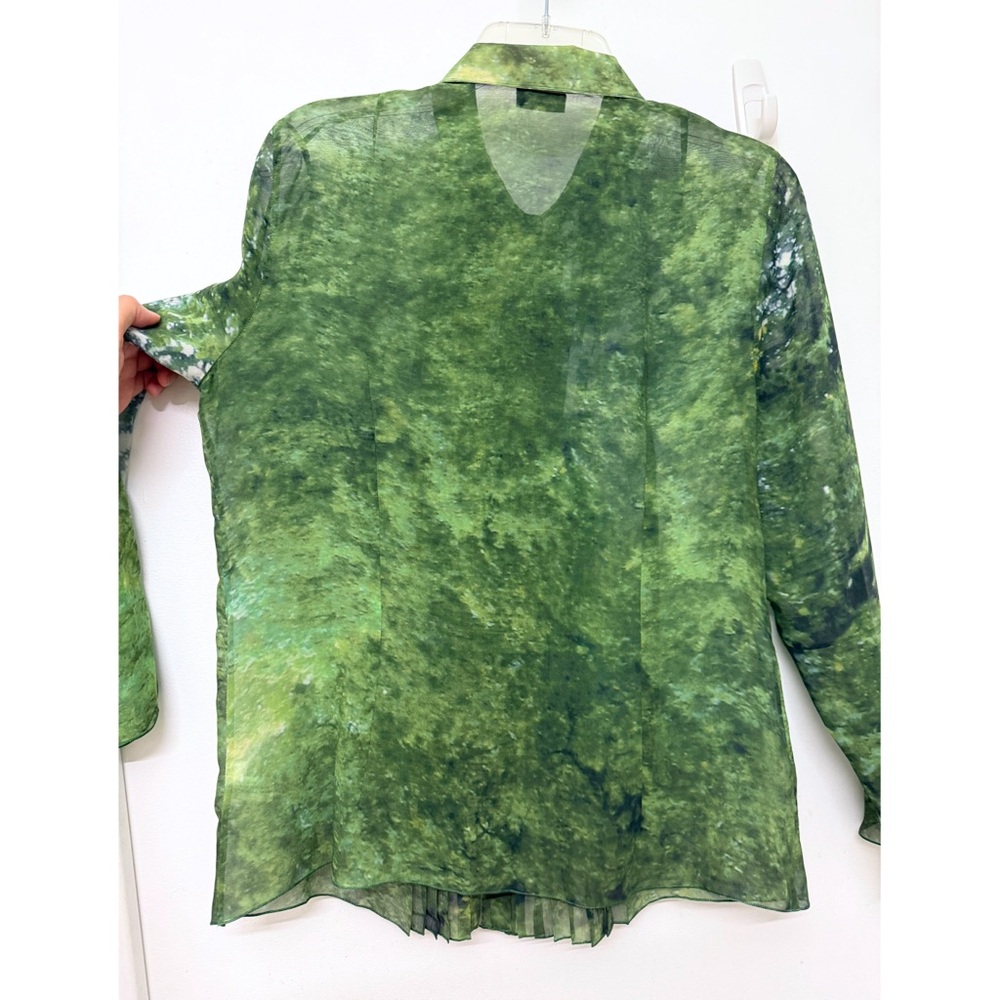 Akris Tree Forest Print Silk Chiffon Blouse Top Pleated Green Foliage Floral 8 - Picture 12 of 16